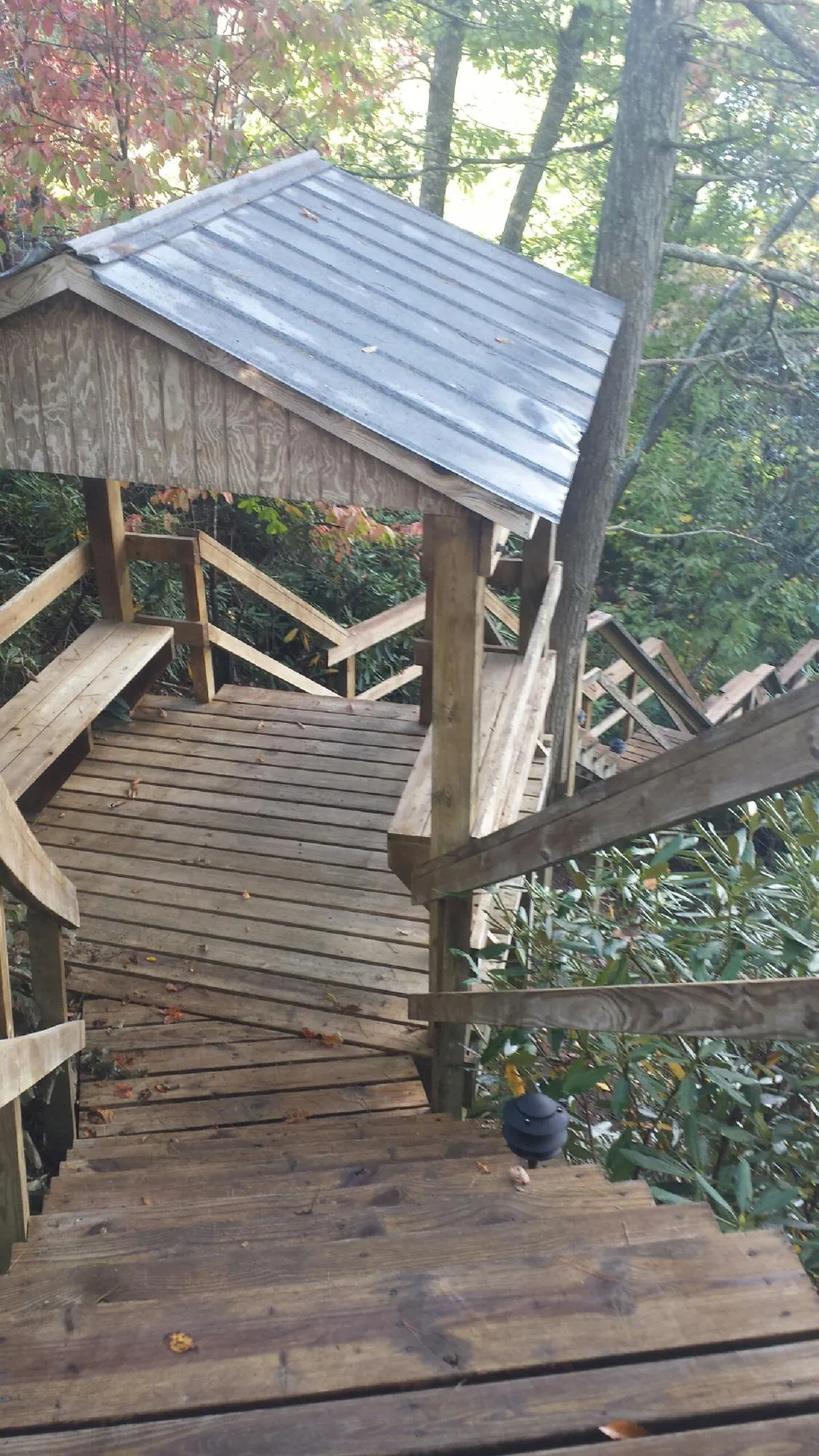 Metal roofed shelter over wooden steps on a wooded walkway — Skylight Repair & Installation work by our crew in Wellesley
